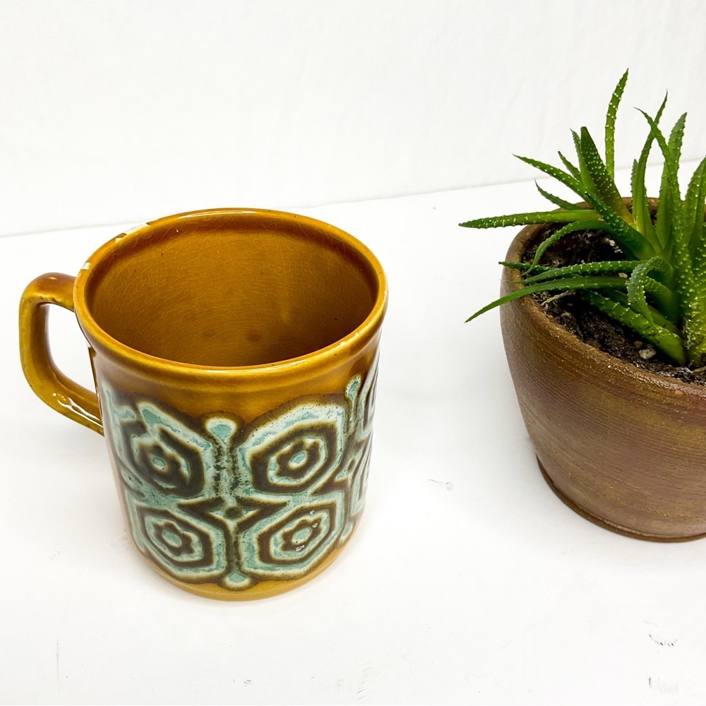 Vintage C&E England Mug Brown Blue Geometric Stoneware